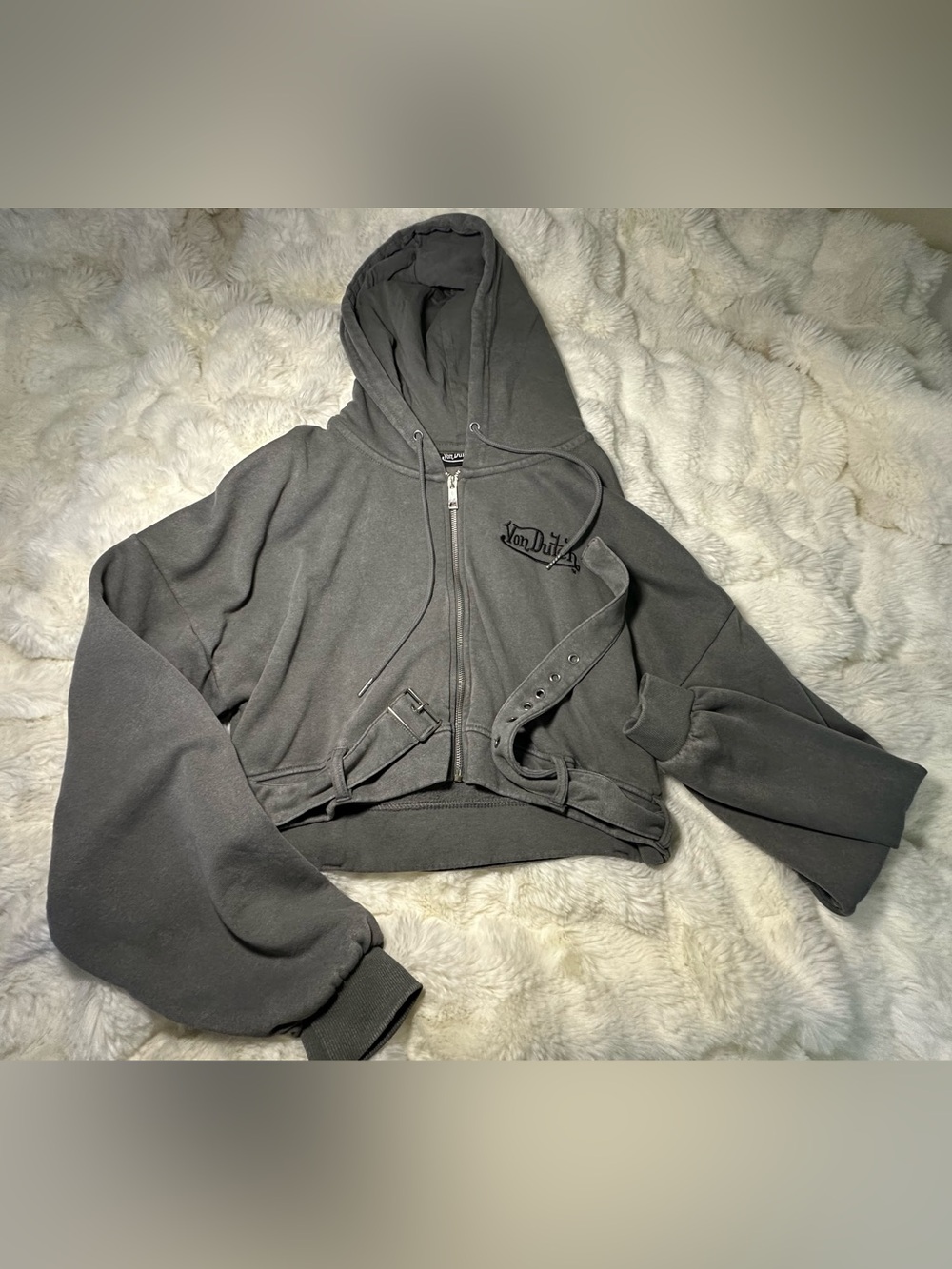 Von Dutch Charcoal semi distressed Gray Cropped Belted Zip Hoodie
